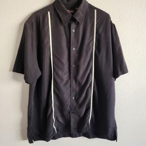 Centro Men's XL Brown/Black Striped Rayon Blend Cuban Camp Shirt